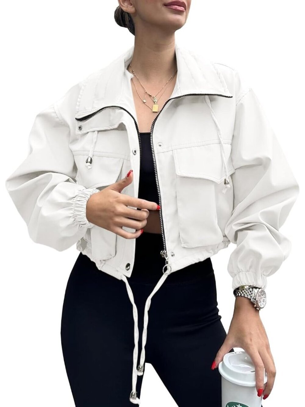Women's White Cropped Jacket Zip Up Lightweight Trendy Oversized With Pocket